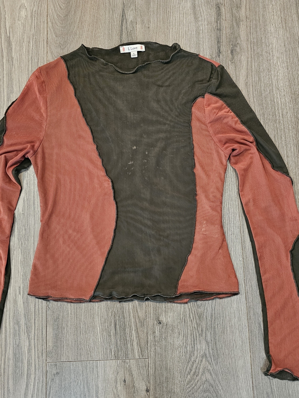 L Love Women's Long Sleeve Two-Tone Rust and Olive Green Sheer Top